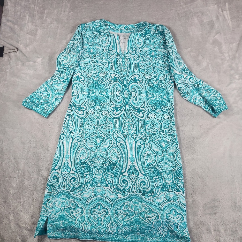 Coolibar Women's Oceanside Tunic Dress Size XS Teal White Resortwear‎ Beach UPF